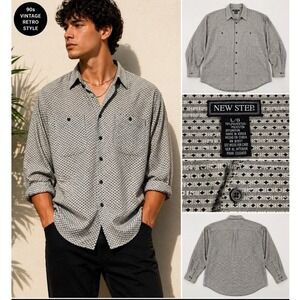 Vintage 90s New Step Geometric Button Up Shirt Mens Large Retro Print